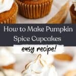 Pumpkin cupcakes with toasted marshmallow frosting and a hand holding a cupcake with a bite taken out of it.
