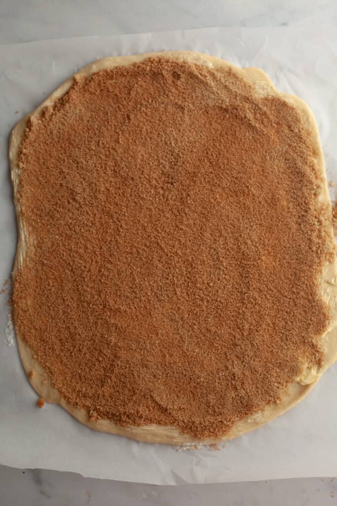 A large rectangular piece of dough covered in cinnamon sugar.