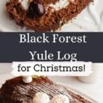 A black forest yule log sliced on a white platter and the log before it was sliced.