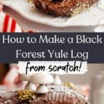 A black forest yule log sliced on a white platter.