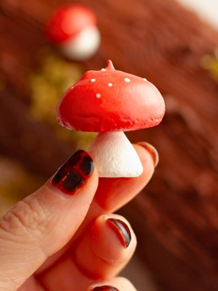 A hand holding a small meringue mushroom with a red cap and white stalk.