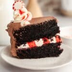 A slice of peppermint mocha cake on a small plate.