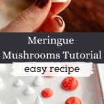 A hand holding a red toadstool meringue mushroom, a parchment lined baking sheet with unbaked meringue mushrooms.