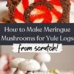 Two chocolate yule logs, one is topped with red toadstool meringue mushrooms while the other is topped with white meringue mushrooms.