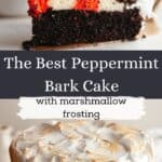 A slice of peppermint bark cake with white frosting and the white frosted cake on a cake stand.