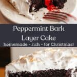 A slice of peppermint bark cake with white frosting on a plate and a close up of the cake on a cake stand.