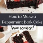 A slice of peppermint bark cake with white frosting on a plate and a close up of the cake.