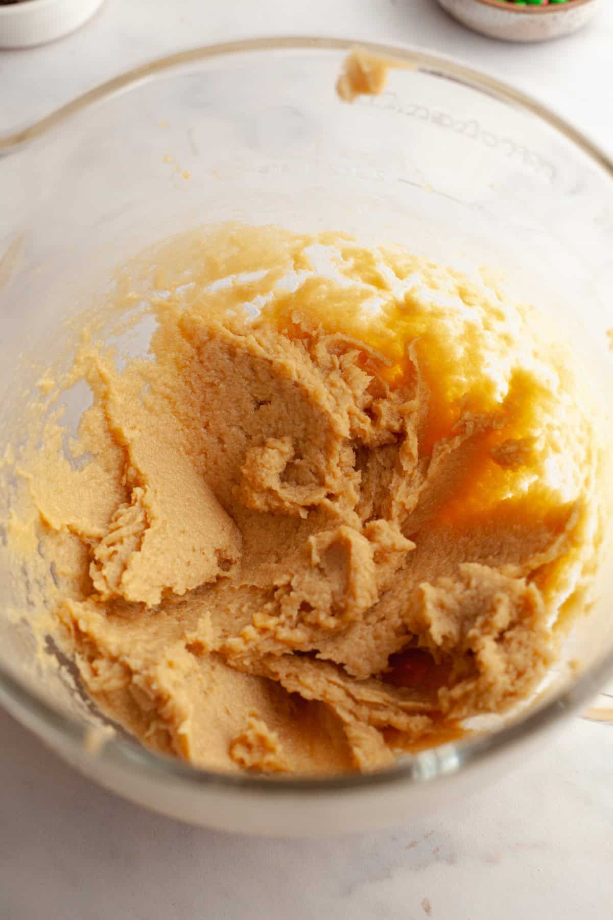 Cookie dough in a glass bowl.