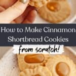 A small plate with cinnamon shortbread cookies that have a Biscoff middle and a hand holding one cookie.