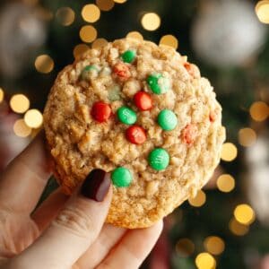 A hand holding an oatmeal cookie with red and green M&Ms.