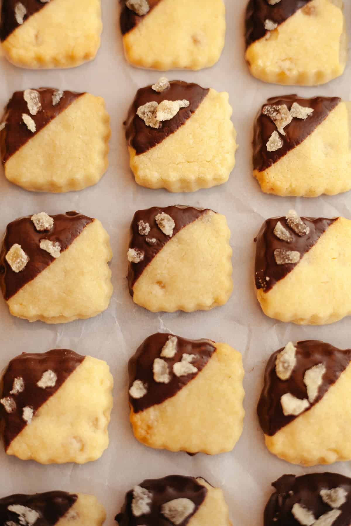 Four lines of ginger shortbread cookies, half dipped in chocolate and crystallized ginger.