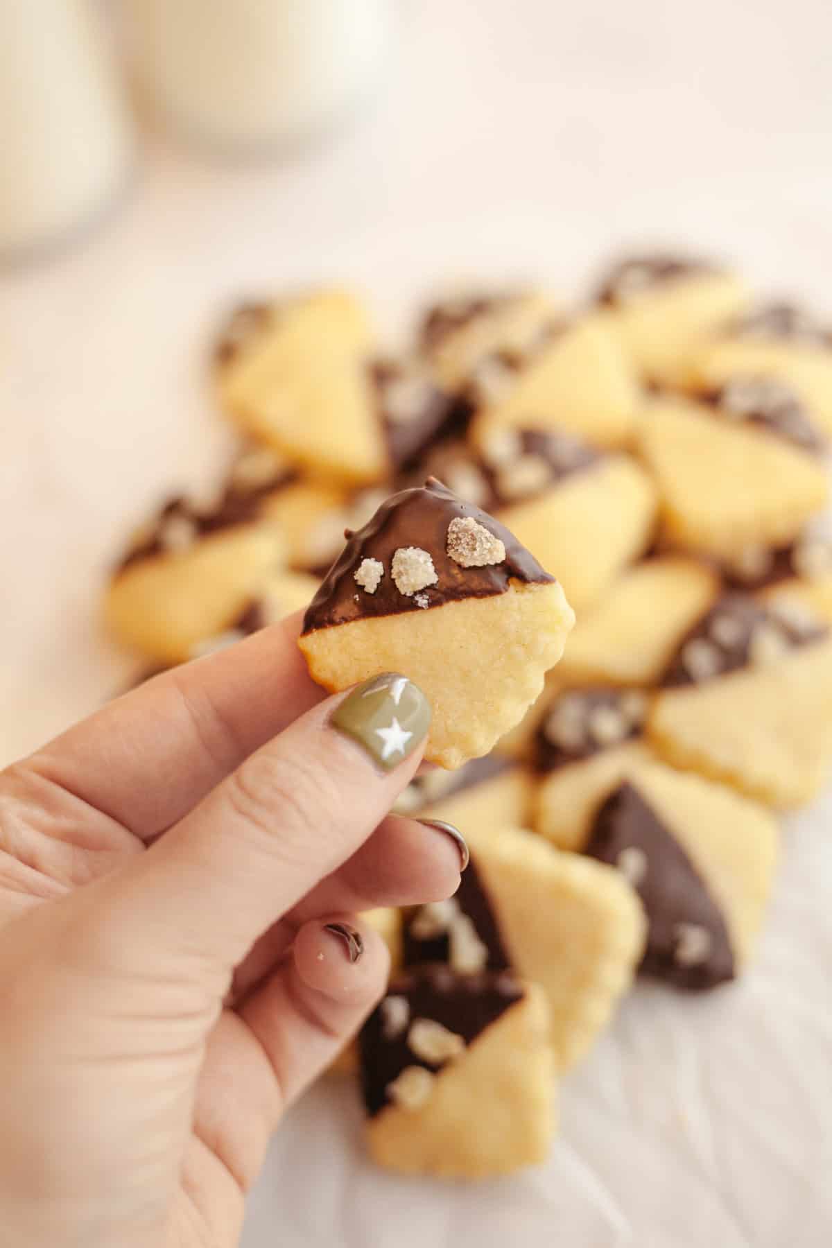 A hand holding a small square cookie, half dipped in chocolate.