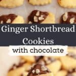 A close up of ginger shortbread cookies, half dipped in chocolate. A hand holding one of the cookies.