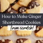 A close up of ginger shortbread cookies, half dipped in chocolate and crystallized ginger.