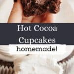 Two chocolate cupcakes with bites taken out of it, they have white frosting and a chocolate ganache filling.