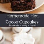 Two chocolate cupcakes with bites taken out of it, they have white frosting and a chocolate ganache filling.