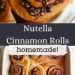 A close up of a Nutella cinnamon roll with chopped hazelnuts and a large baking dish with Nutella rolls.