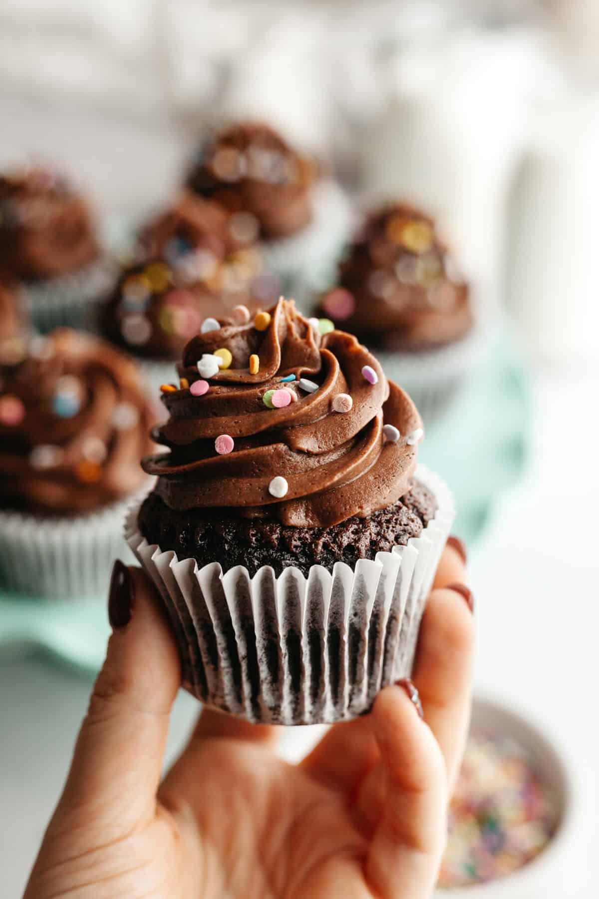 A hand holding a chocolate cupcake with chocolate frosting.
