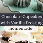 Chocolate cupcakes with vanilla icing on a blue cake stand, and a close up of a cupcake cut in half.