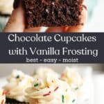 Chocolate cupcakes with vanilla icing on a blue cake stand, and a close up of a cupcake cut in half.