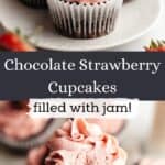 A small plate with three chocolate strawberry cupcakes and a hand holding one of these cupcakes with a bite taken out of it.