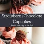 A close up of chocolate cupcakes with strawberry frosting, topped with a chocolate covered strawberry.