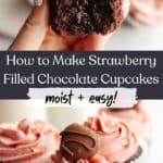 A hand holding a chocolate cupcake with strawberry cupcakes, a bite has been taken out of it. There are also three of these cupcakes on a small plate.
