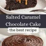 A slice of salted caramel chocolate cake on a small plate and a chocolate cake on a cake stand.