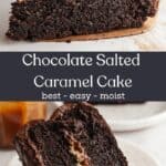 A slice of salted caramel chocolate cake on a small plate.
