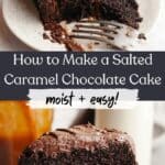 A slice of salted caramel chocolate cake on a small plate.