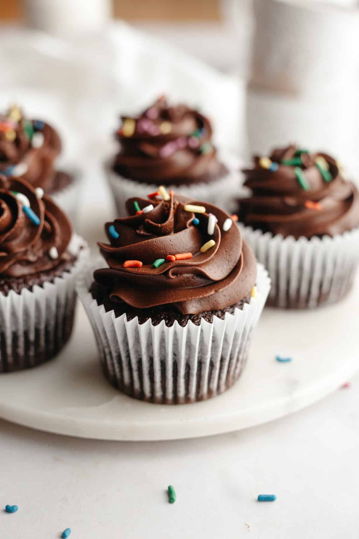 Chocolate cupcakes with chocolate frosting and rainbow sprinkles.