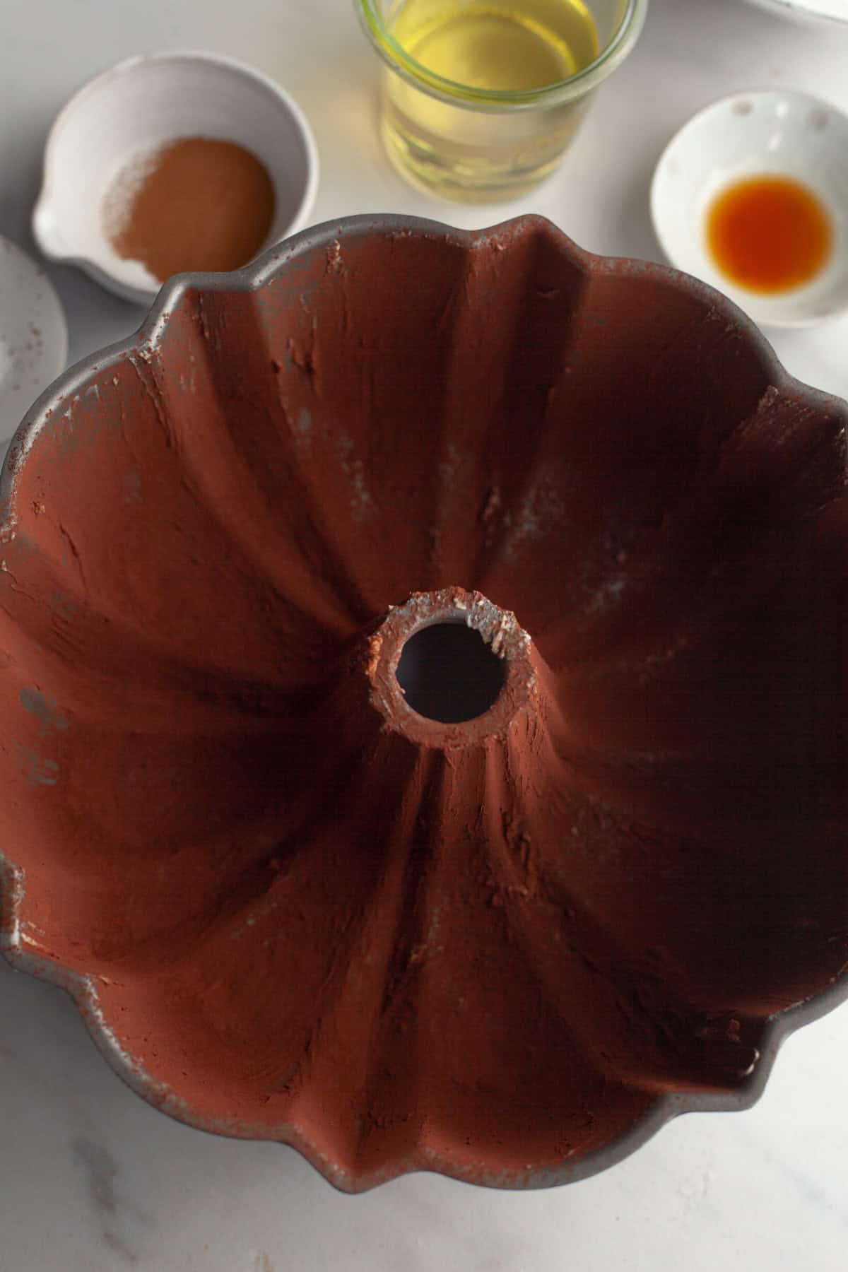 A large bundt pan covered with cocoa powder.