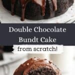 A chocolate bundt cake and a slice of the bundt cake with ganache on a small plate.