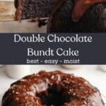 A chocolate bundt cake and a slice of the bundt cake with ganache on a small plate.