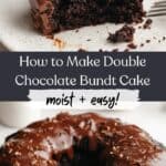 A chocolate bundt cake and a slice of the bundt cake with ganache on a small plate.