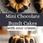 Mini chocolate bundt cakes with an espresso glaze on white parchment paper.