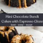 Mini chocolate bundt cakes with an espresso glaze on white parchment paper.