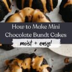 Mini chocolate bundt cakes with an espresso glaze on white parchment paper.