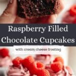 Close ups of chocolate cupcakes with raspberry buttercream, decorated with fresh raspberries.