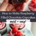 Close ups of chocolate cupcakes with raspberry buttercream, decorated with fresh raspberries.
