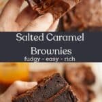 A close up of a brownie drizzled with caramel sauce and a hand holding three brownies in a stack.