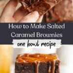 A stack of three salted caramel brownies and a close up of one brownie.