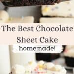 Slices of chocolate sheet cake with vanilla frosting on small plates.