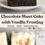 A slices of chocolate sheet cake with vanilla frosting on small plates, and slices of square sheet cake on a cooling rack.