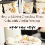 Close ups of chocolate sheet cake slices with vanilla frosting and pale pastel sprinkles.