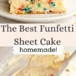 A slice of confetti sheet cake with vanilla frosting on a small plate and funfetti cake batter in a bowl.