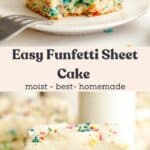 Slices of confetti sheet cake with vanilla frosting and sprinkles on small plates.