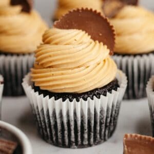 Chocolate cupcakes frosted with peanut butter frosting and topped with Reese's peanut butter cups.