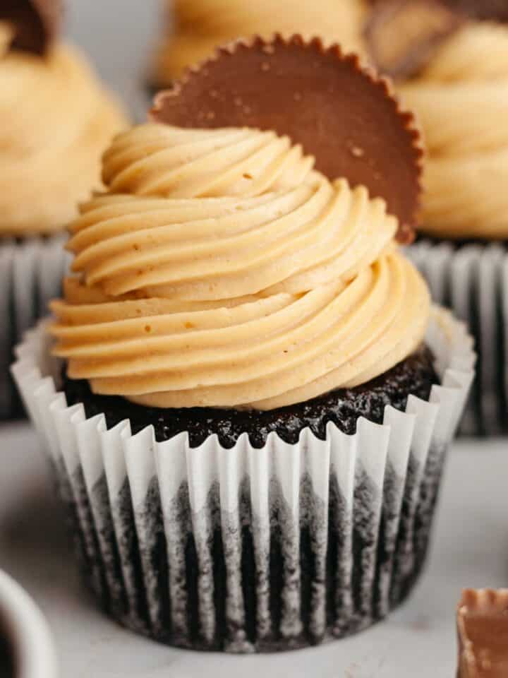 Chocolate cupcakes frosted with peanut butter frosting and topped with Reese's peanut butter cups.
