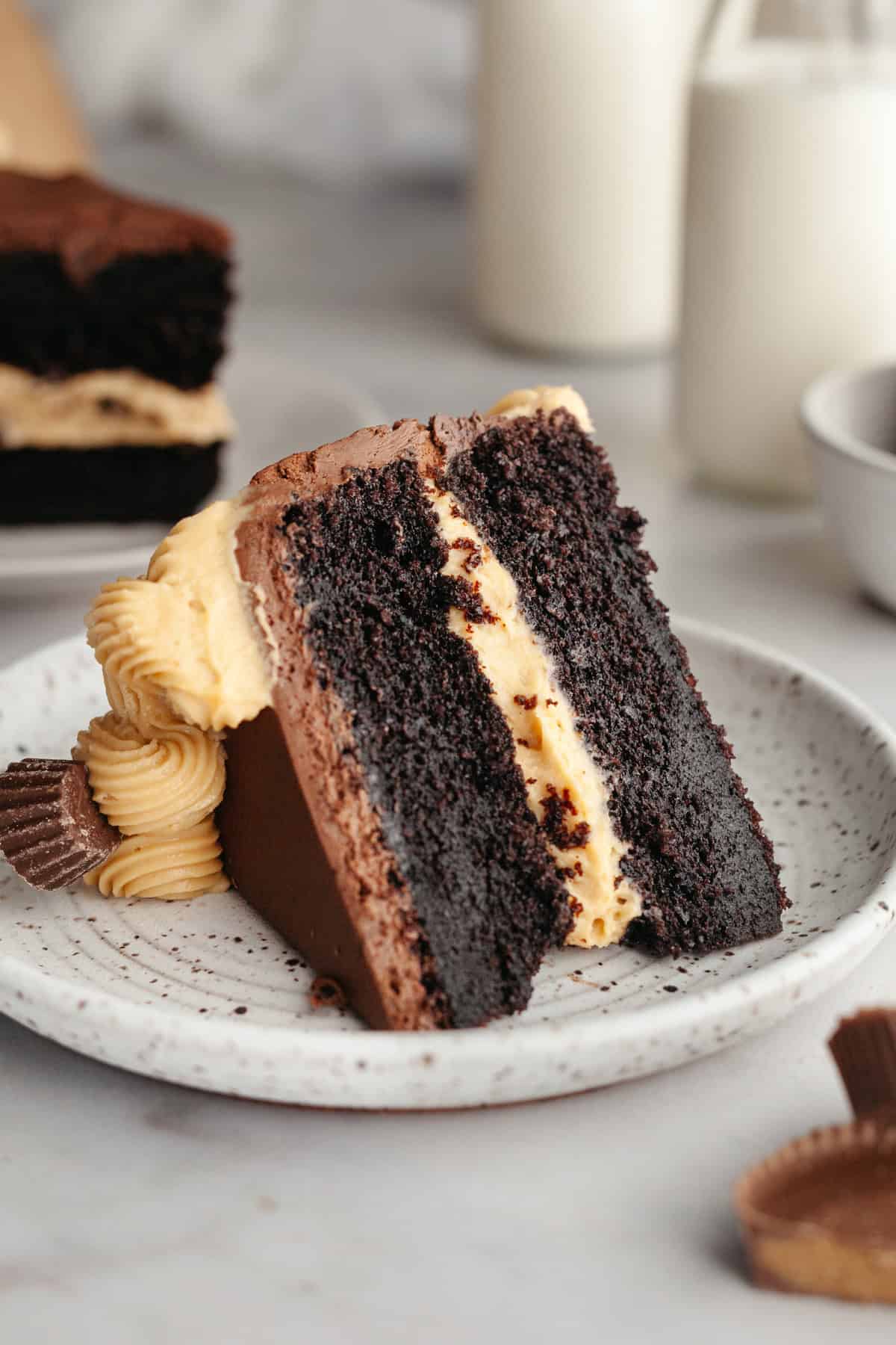 A slice of peanut butter chocolate cake on a small plate.